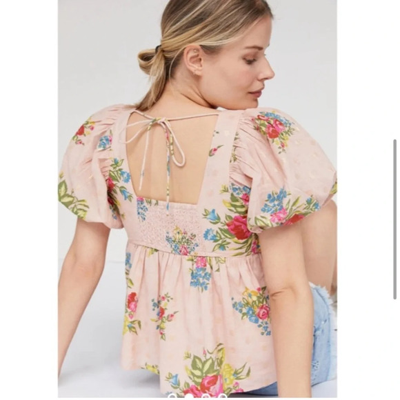 Love The Label Rosette Babydoll Top Floral Puff Sleeve L - Picture 3 of 8